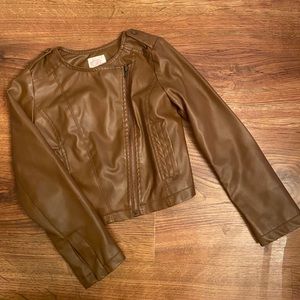 Girls Brown Faux Leather Jacket w/ Slanted Zipper